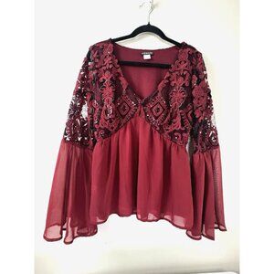 Venus L Burgundy Babydoll Blouse Crochet Chiffon Flare Sleeve Top Whimsigoth Fit